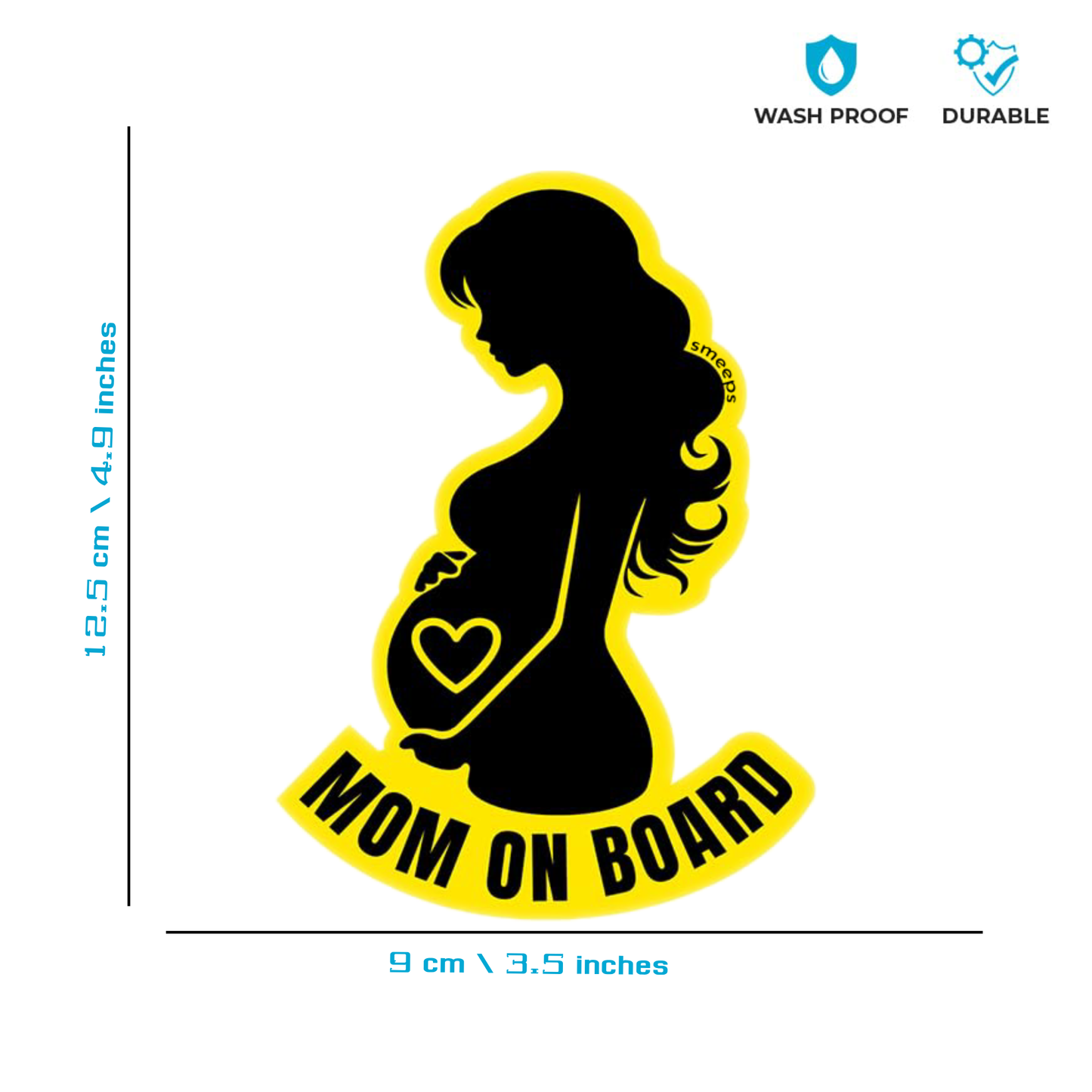 Pack of 2 | Smeeps Mom on Board Sticker – 12.5 x 9 cm | Elegant Silhouette Design | Yellow & Black Waterproof Car Safety Sign