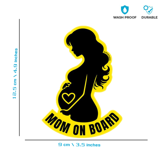 Pack of 2 | Smeeps Mom on Board Sticker – 12.5 x 9 cm | Elegant Silhouette Design | Yellow & Black Waterproof Car Safety Sign