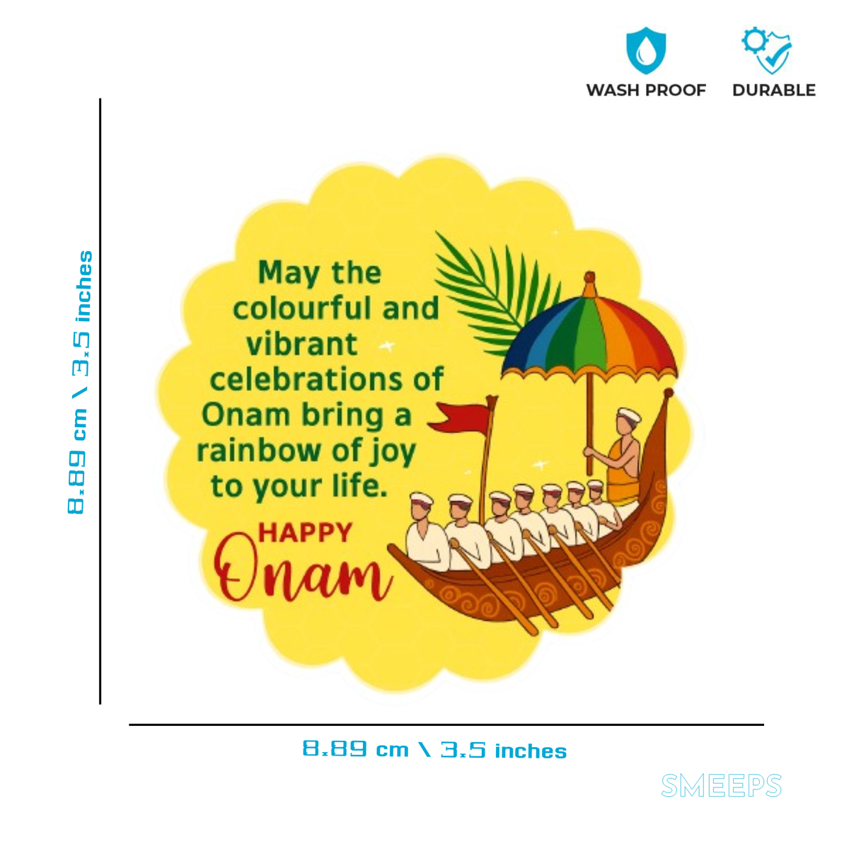 Smeeps Happy Onam Sticker – 8.89 x 8.89 cm Yellow Floral Boat Festival Vinyl Decal | Waterproof & UV-Resistant Kerala Onam Celebration Sticker