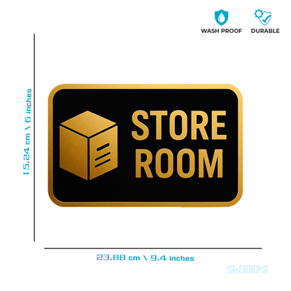 Smeeps Store Room Sticker – 23.88 x 15.24 cm Gold & Black Sign | Waterproof, Durable Vinyl Label for Shops, Offices & Warehouse