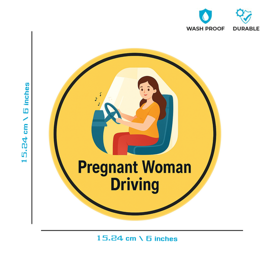 Pack of 2 | Smeeps Pregnant Woman Driving Sticker – 15.24 cm Round | Cute Maternity Safety Sign for Cars | Yellow Baby Bump Alert Decal