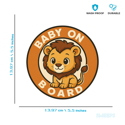 Smeeps “Baby On Board” Car Sticker – Cute Lion Design – 13.97 x 13.97 cm | Round Animal Safety Sign for Cars
