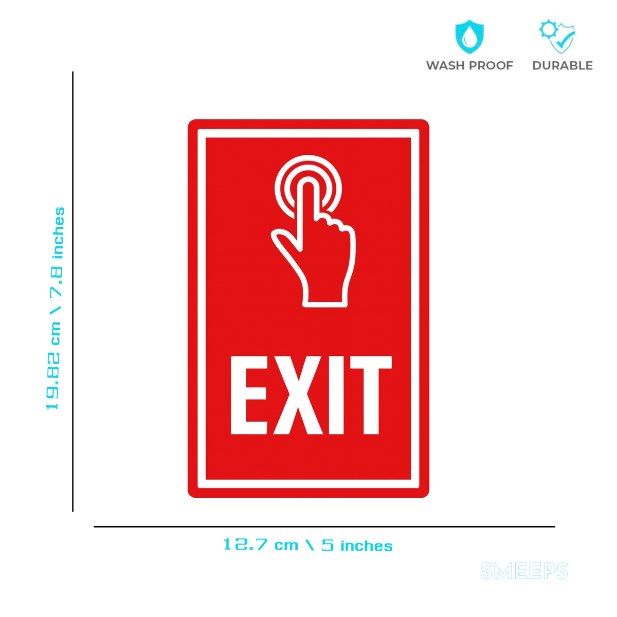 Smeeps Exit Sign Sticker – 19.82 x 12.7 cm Red Safety Vinyl Decal | Push Button Exit Indicator | Waterproof & Durable Warning Sign