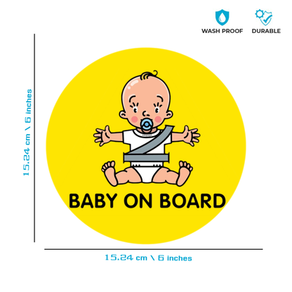 Smeeps Baby on Board Sticker – 15.24 cm Round | Cute Pacifier Baby Design | Yellow & Black Waterproof Car Safety Sign