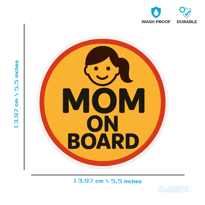 Smeeps “Mom On Board” Car Sticker – Cute Yellow Design with Red Border – 13.97 x 13.97 cm | Safety Awareness for Mothers, Waterproof & Durable