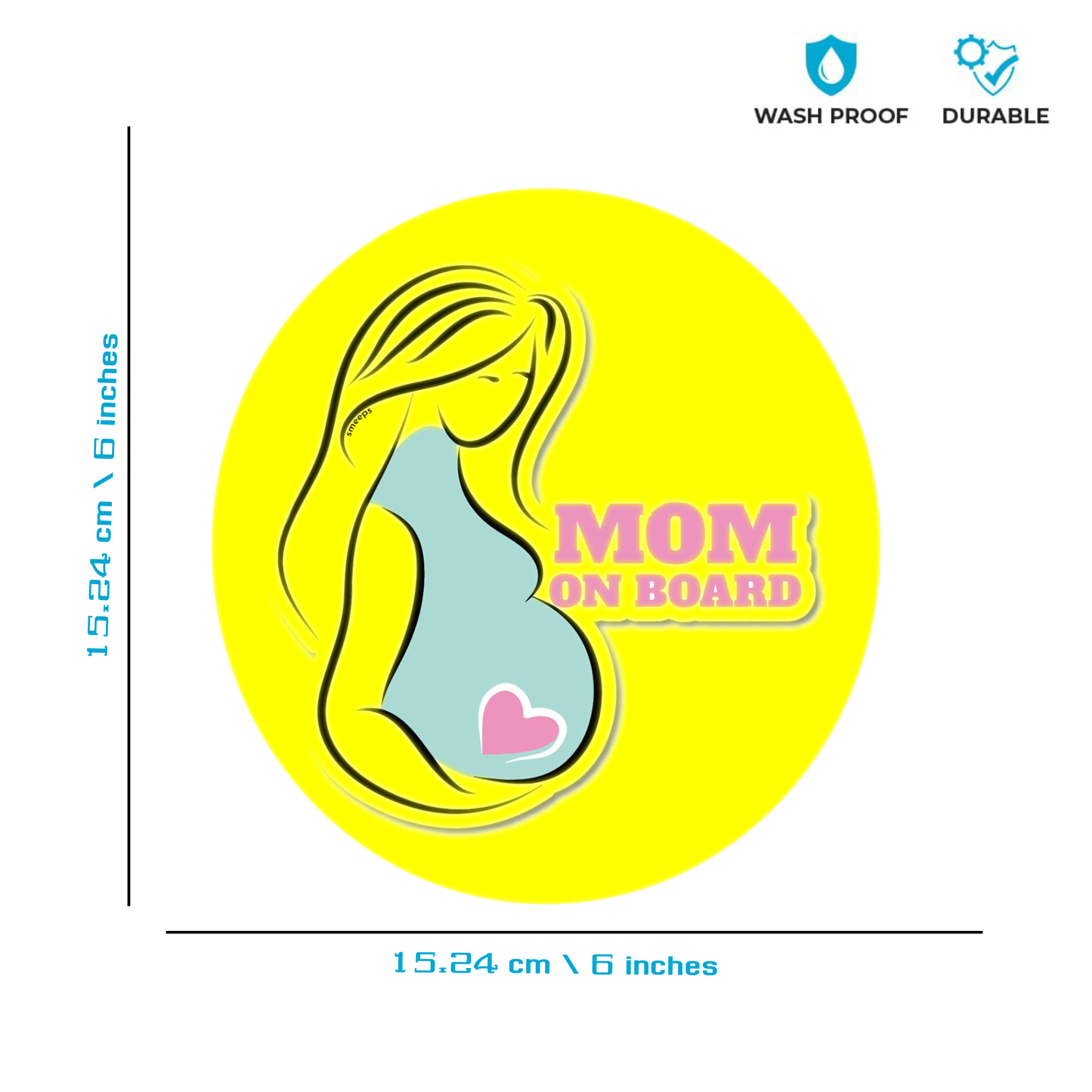 Pack of 2 | Smeeps Mom on Board Sticker – 15.24 cm Round | Pastel Silhouette & Heart Design | Yellow Waterproof Car Safety Sign