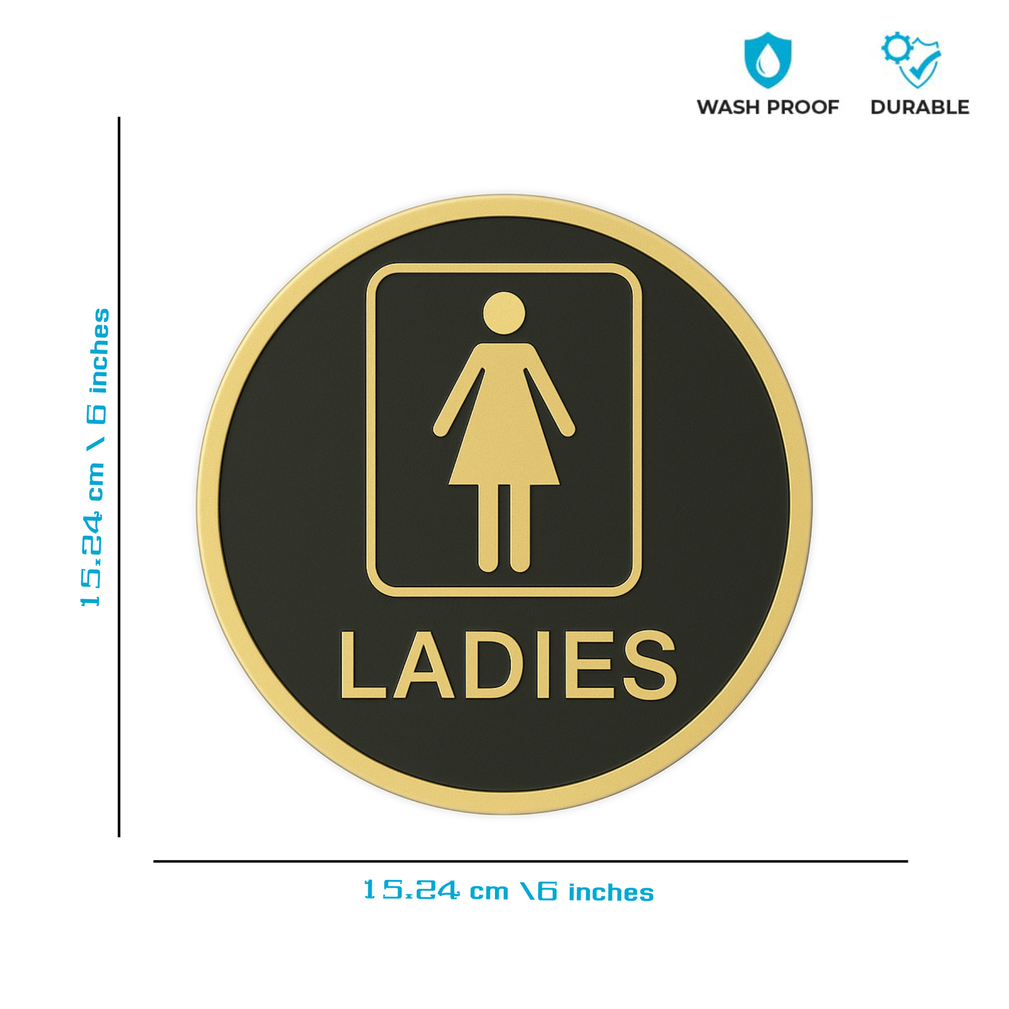 Smeeps “LADIES” Restroom Sign – Round 15.24 cm | Elegant Black & Gold Finish | Self-Adhesive | Waterproof & Durable | Ideal for Offices, Hotels, Cafés, and Commercial Use