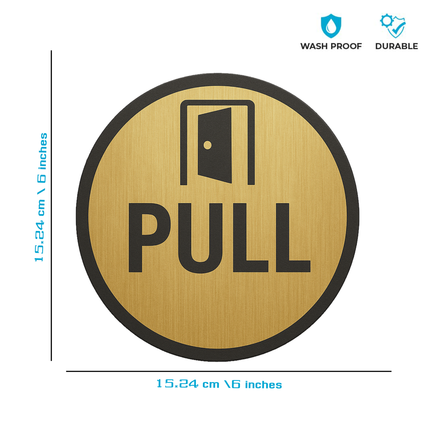 Smeeps Round “PULL” Door Sticker – 15.24 cm | Brushed Gold with Bold Black Text & Door Icon | Self-Adhesive Sign for Offices, Shops & Public Spaces