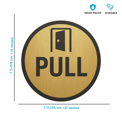 Smeeps Round “PULL” Door Sticker – 15.24 cm | Brushed Gold with Bold Black Text & Door Icon | Self-Adhesive Sign for Offices, Shops & Public Spaces