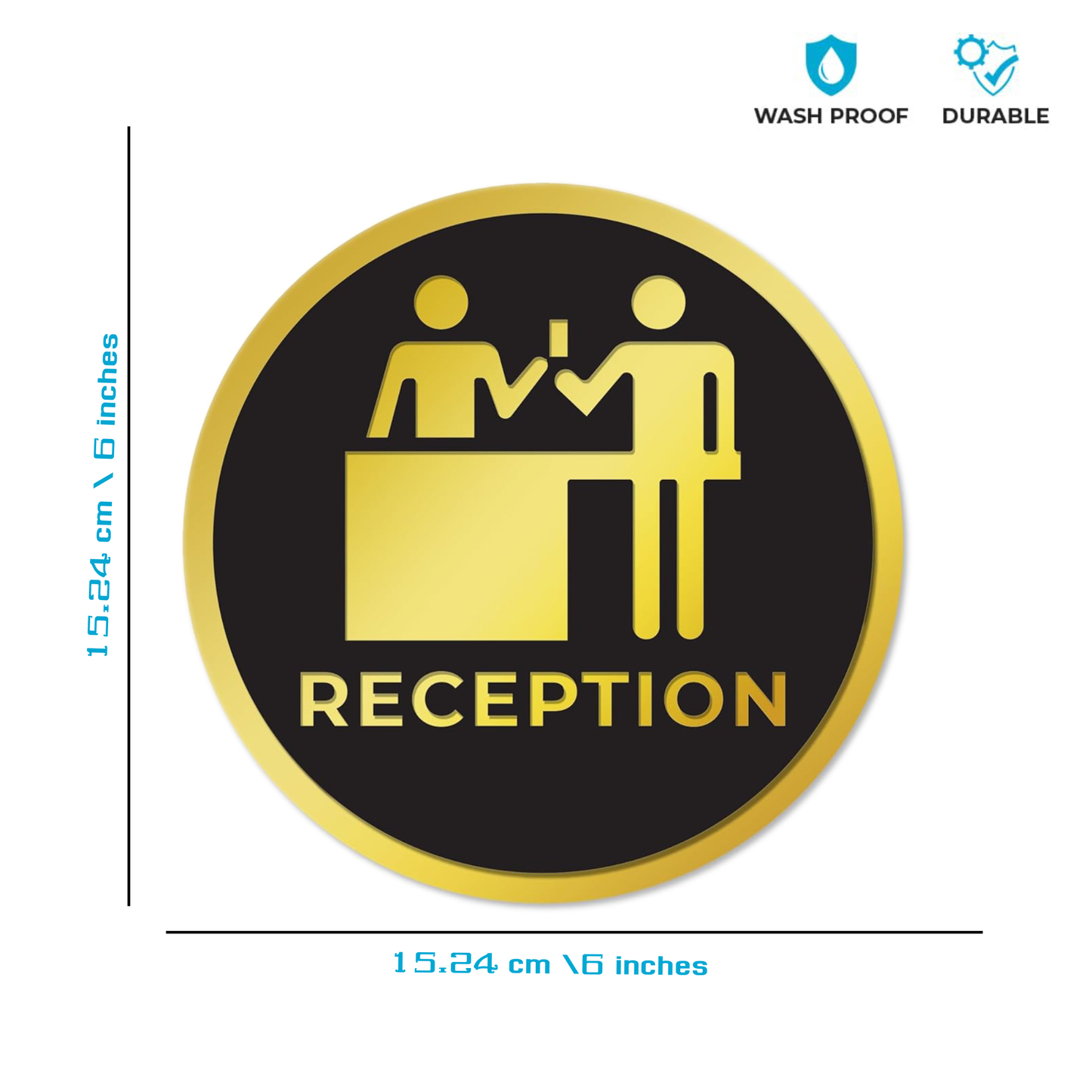 Smeeps Round “RECEPTION” Sticker Sign – 15.24 cm | Premium Gold & Black Design with Icon | Self-Adhesive Label for Office Lobbies, Hotels, and Clinics