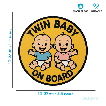 Smeeps Twin Baby On Board Sticker – 13.97 x 13.97 cm | Cute Safety Sign for Cars | Waterproof & Durable