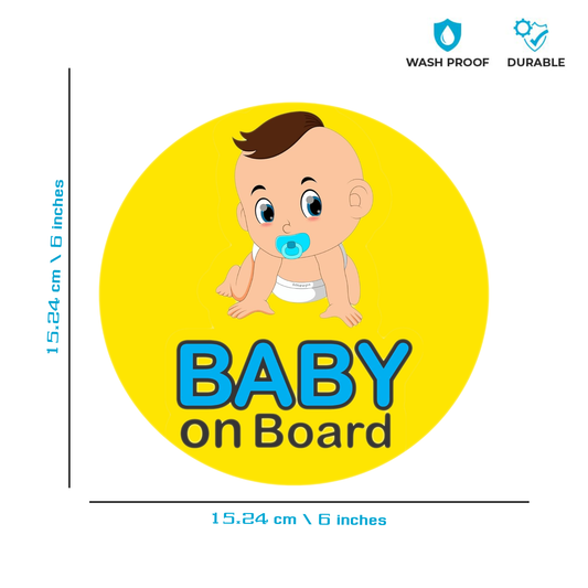 Pack of 2 | Smeeps Baby on Board Sticker – 15.24 cm Round | Cute Crawling Baby Boy Design | Yellow & Blue Waterproof Car Safety Sign