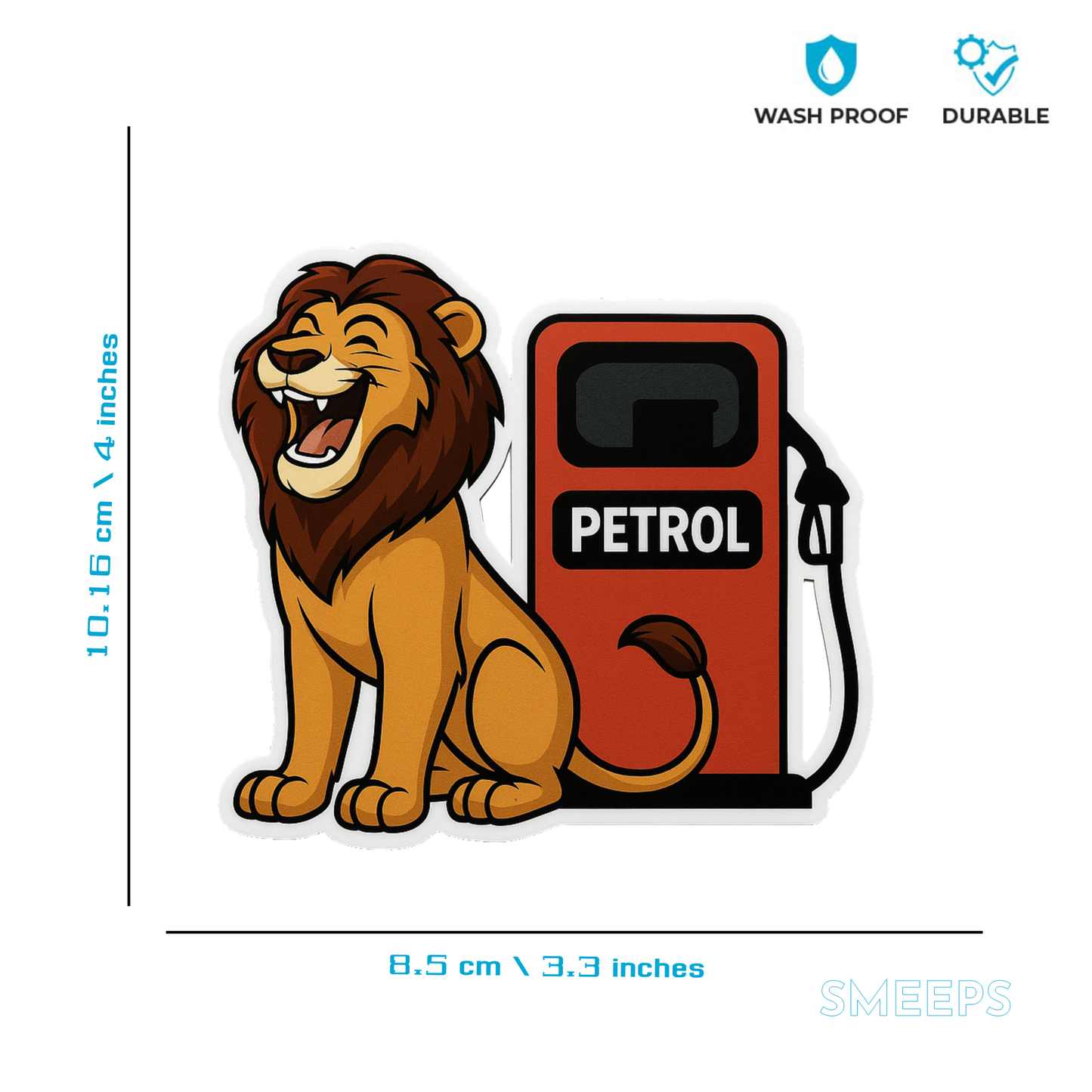 Smeeps Petrol Lion Sticker – 8.5 x 10.16 cm | Cartoon Lion with Fuel Pump Design | Waterproof Vinyl Car Decal | Bold & Fun Auto Decor