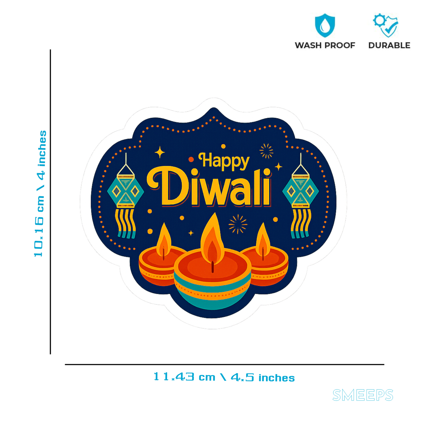 Smeeps Happy Diwali Sticker – 10.16 x 11.43 cm Festive Deepavali Décor Decal | Diya & Lantern Theme Design | Waterproof & UV-Resistant Vinyl