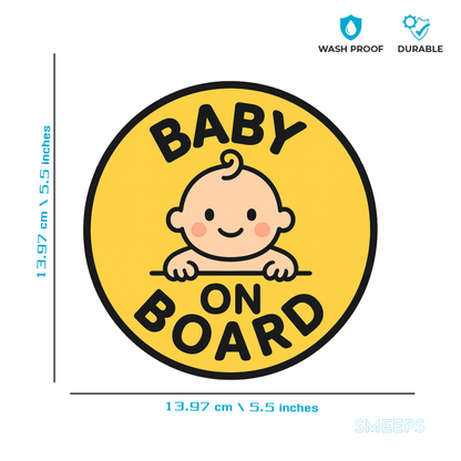Smeeps Baby On Board Sticker – 13.97 x 13.97 cm Round | Cute Peeking Baby Design in Yellow | Waterproof Vinyl Car Safety Sign