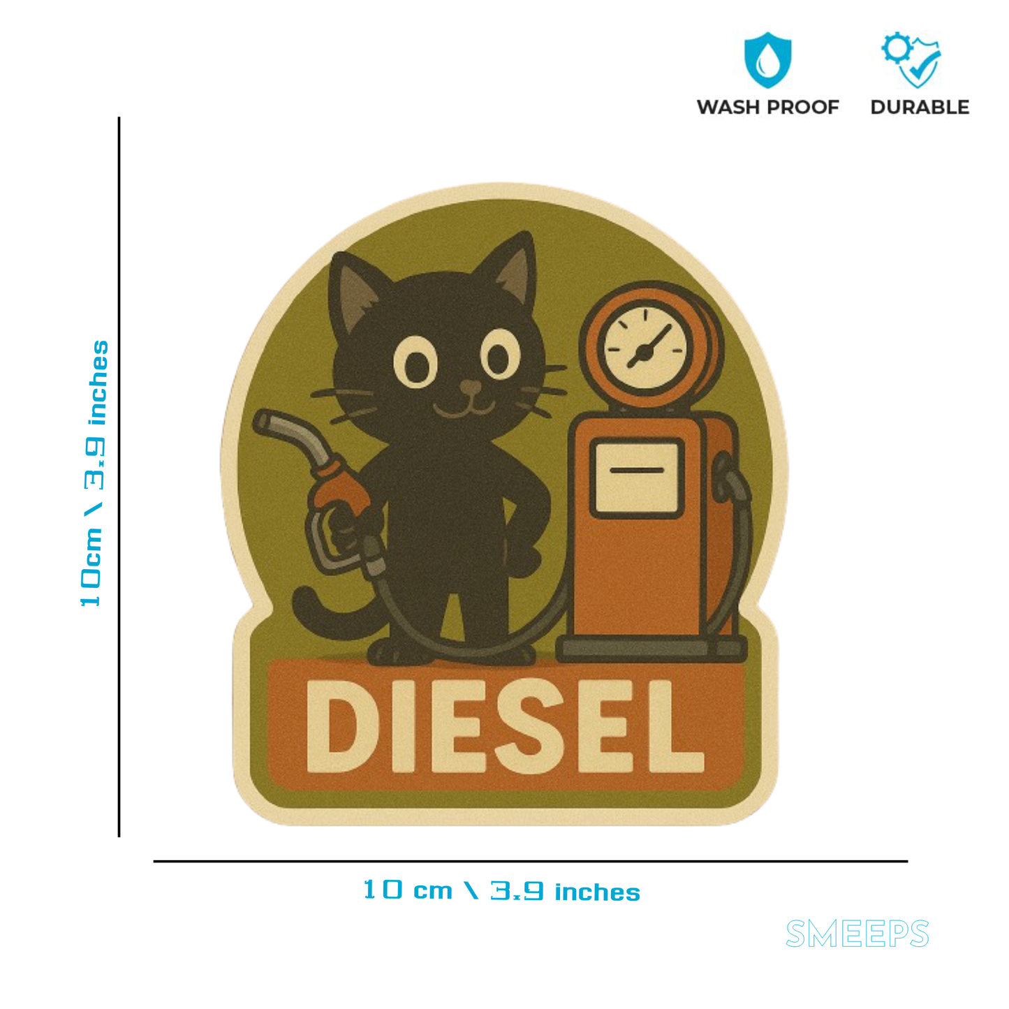 Smeeps Diesel Fuel Reminder Sticker – 10 x 10 cm Cute Cat with Pump Design | Vintage Style Car Fuel Tag | Waterproof & Durable Vinyl Decal