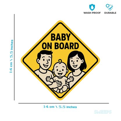 Smeeps Baby On Board Sticker – 14 x 14 cm Family Illustration Safety Car Decal | Yellow Warning Sign | Waterproof & UV-Proof Vinyl