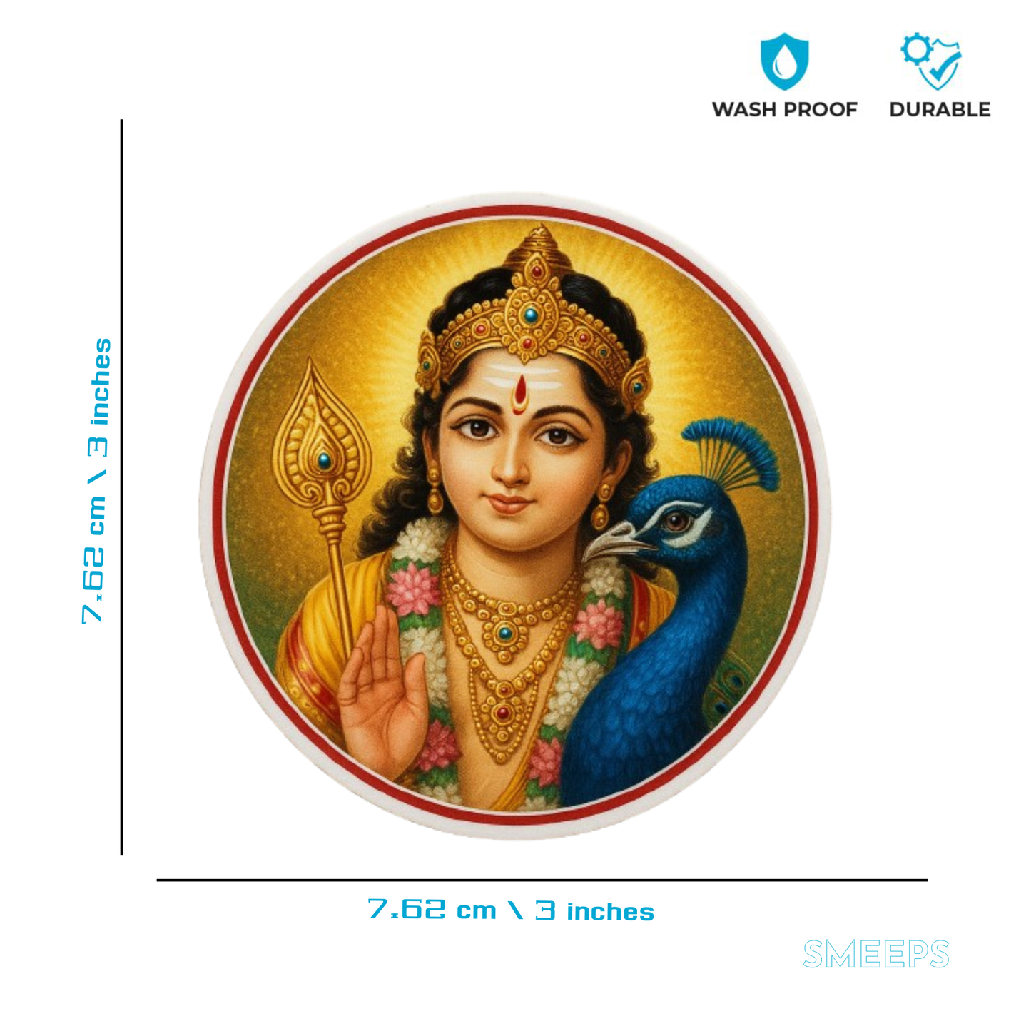 Smeeps Murugan Sticker with Peacock – 7.62 x 7.62 cm | Divine Car & Bike Vinyl Decal