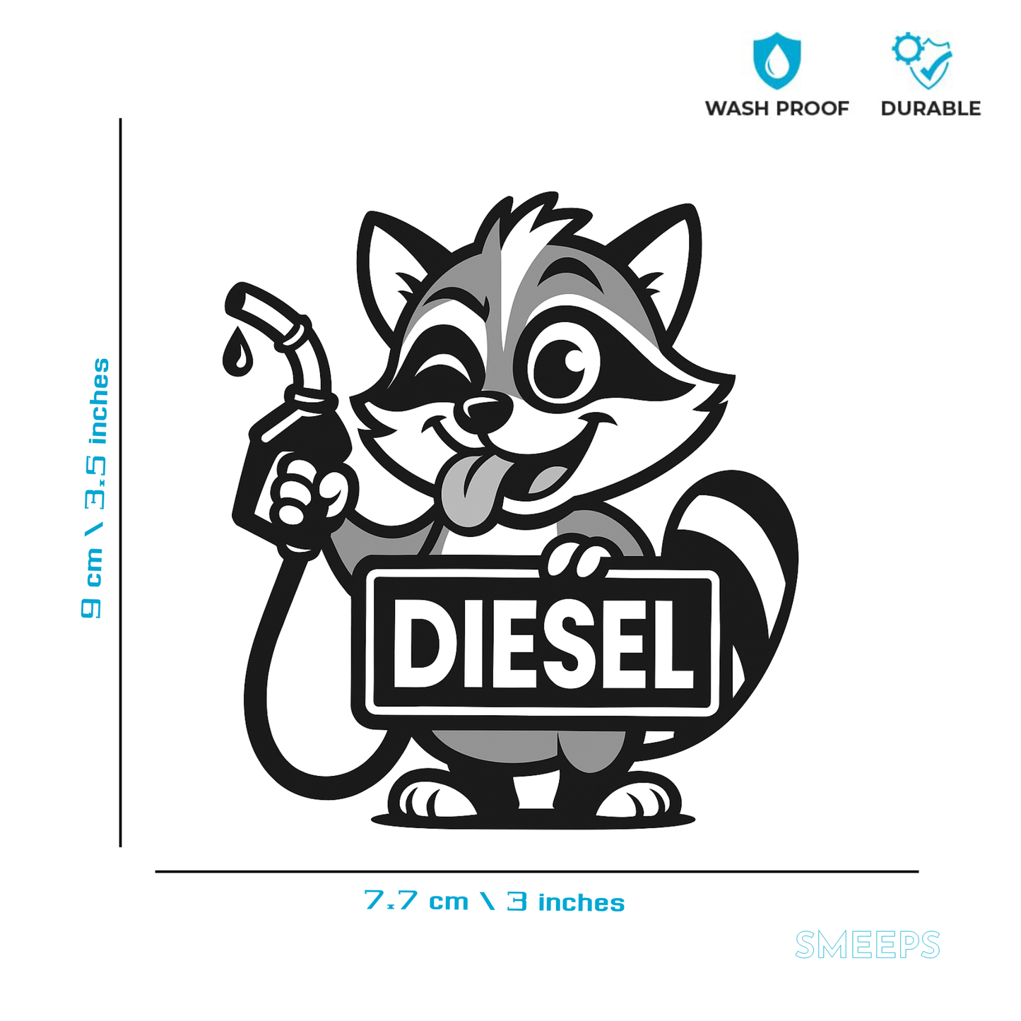 Smeeps Diesel Raccoon Sticker – 9 x 7.7 cm Car & Bike Fuel Indicator Vinyl Decal | Cute Cartoon Design | Waterproof & Durable
