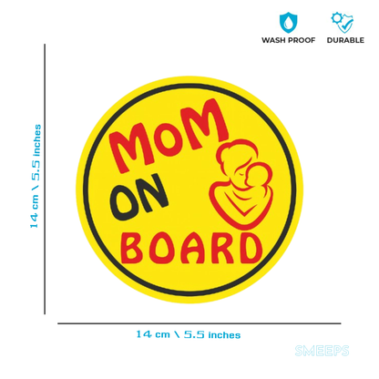 Smeeps Mom on Board Sticker – 14 x 14 cm Round Yellow Safety Decal with Mother & Child Icon | Waterproof & Fade Resistant for Car Use