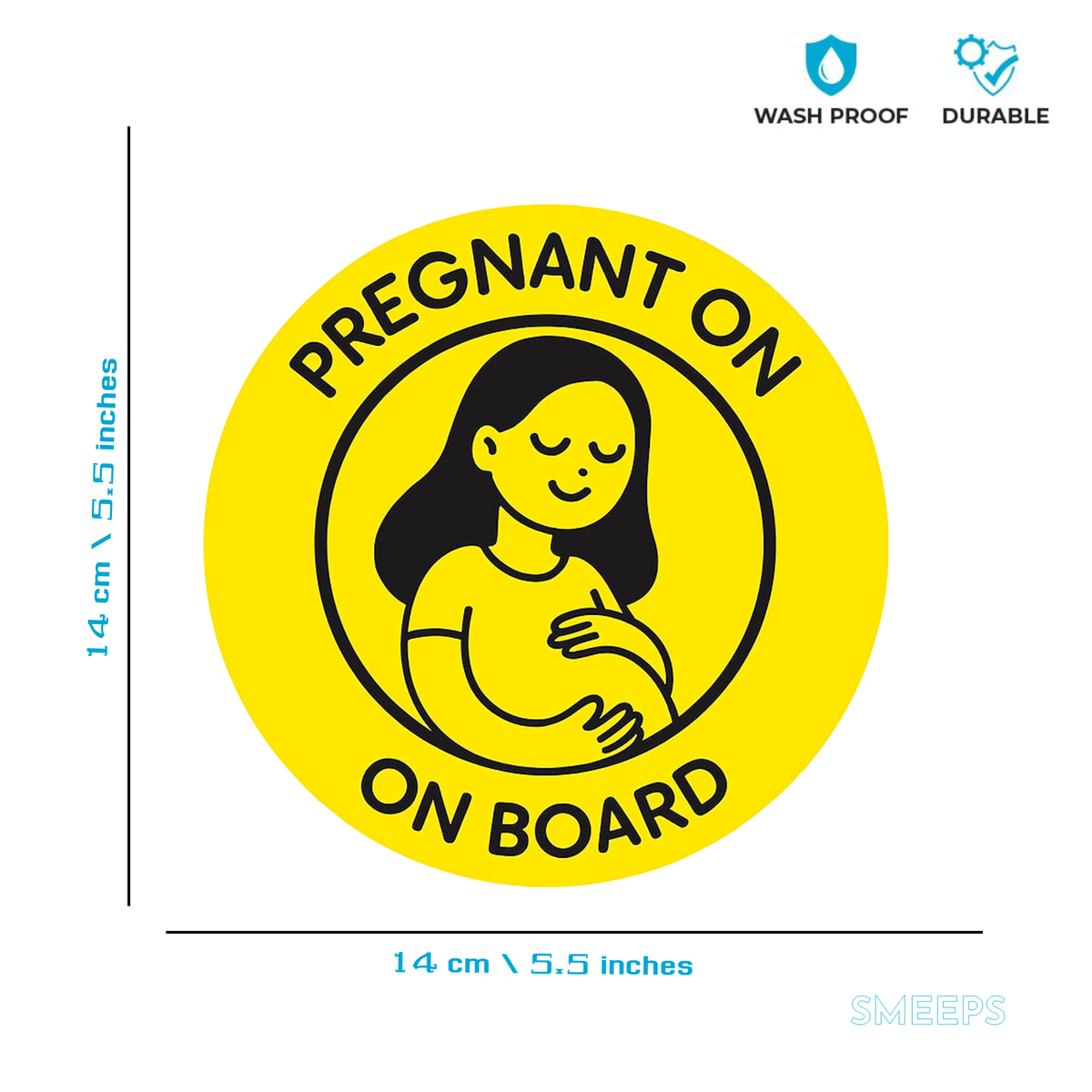 Smeeps Pregnant On Board Sticker – 14 x 14 cm Car & Bike Safety Vinyl Decal | High-Visibility Yellow Round Design | Waterproof & Durable