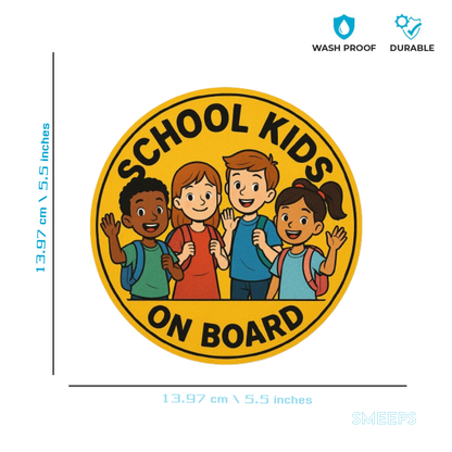 Smeeps School Kids on Board Sticker – 13.97 x 13.97 cm | Vibrant Round Safety Sign with Happy Children for School Buses