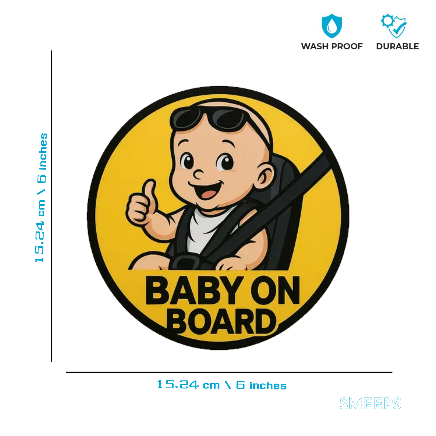 Smeeps Baby on Board Car Sticker – 15.24 x 15.24 cm Round Safety Alert Decal | Bold Yellow & Black Design