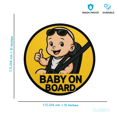 Smeeps Baby on Board Car Sticker – 15.24 x 15.24 cm Round Safety Alert Decal | Bold Yellow & Black Design
