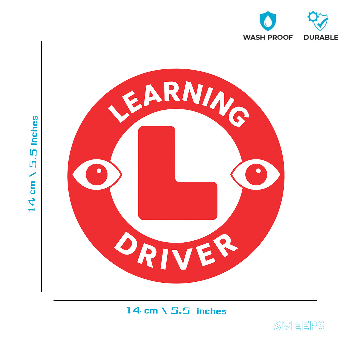 Smeeps Learning Driver Car Sticker – 14 x 14 cm Round Red Safety Decal with Eye Symbols for Cars