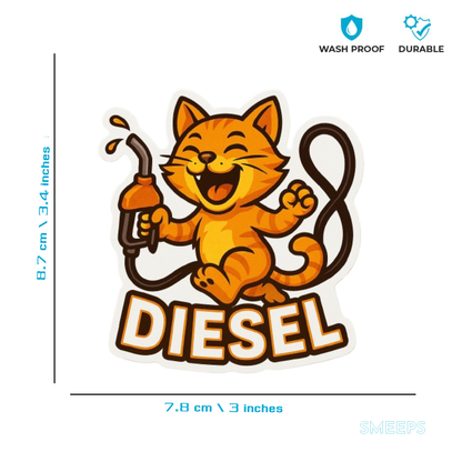 Smeeps Laughing Diesel Cat Sticker – 8.7 x 7.8 cm Fun Fuel-Themed Car Decal with Playful Orange Cat & Nozzle Design | Waterproof Vinyl for Cars Only