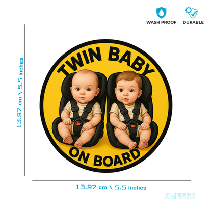 Smeeps Twin Baby on Board Sticker – 13.97 x 13.97 cm | Realistic Car Seat Design for Twin Boys or Girls
