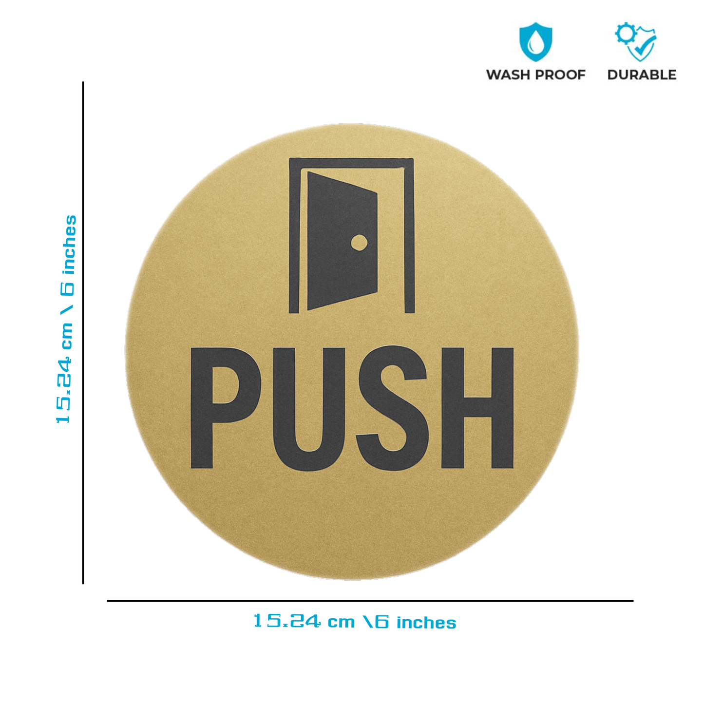 Pack of 2 | Smeeps Round “PUSH” Door Sticker – 15.24 cm | Gold Finish with Bold Black Print | Adhesive Vinyl Decal for Glass, Metal & Wood Doors | Easy to Apply | Office, Retail & Hospitality Use
