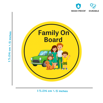 Smeeps Family On Board Sticker – 15.24 cm Round | Cartoon Family & Dog with Green Car | Bright Yellow Safety Sign for Vehicles