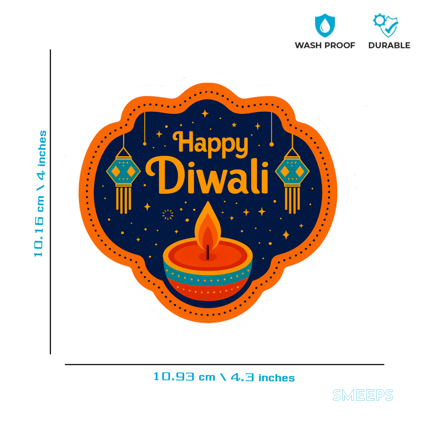 Smeeps Happy Diwali Sticker – 10.16 x 10.93 cm Festive Deepavali Décor Decal | Diya & Lantern Theme Design | Waterproof & UV-Resistant Vinyl