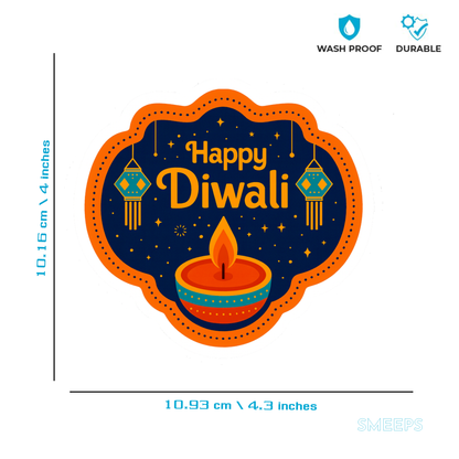 Smeeps Happy Diwali Sticker – 10.16 x 10.93 cm Festive Deepavali Décor Decal | Diya & Lantern Theme Design | Waterproof & UV-Resistant Vinyl