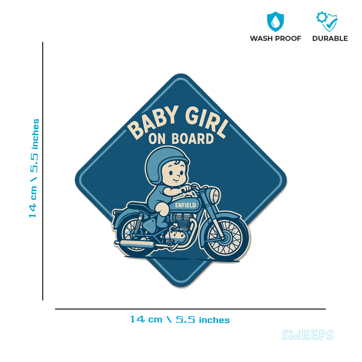 Smeeps Baby Girl On Board Sticker – 14 x 14 cm Enfield Motorcycle Theme Car Safety Decal | Retro Blue Design | Waterproof & UV-Resistant Vinyl