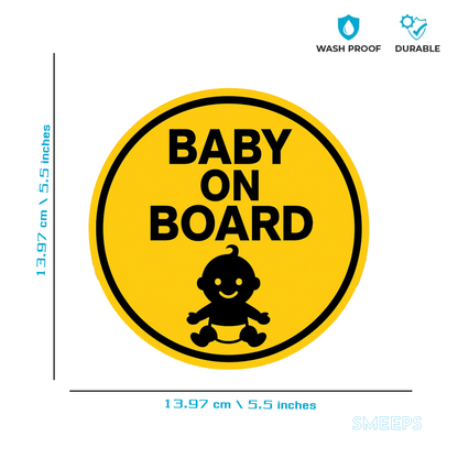 Smeeps Baby On Board Sticker – 13.97 x 13.97 cm Round | High-Contrast Silhouette Baby Design | Bold Yellow Waterproof Vinyl Car Sign