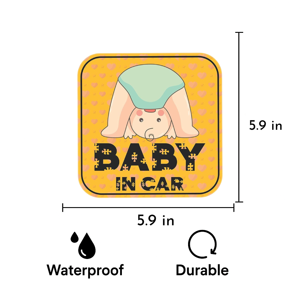 Smeeps Baby in Car Sticker – 15 x 15 cm | Cute Upside-Down Baby Design | Square Yellow Safety Sign for Vehicle Windows & Bumpers
