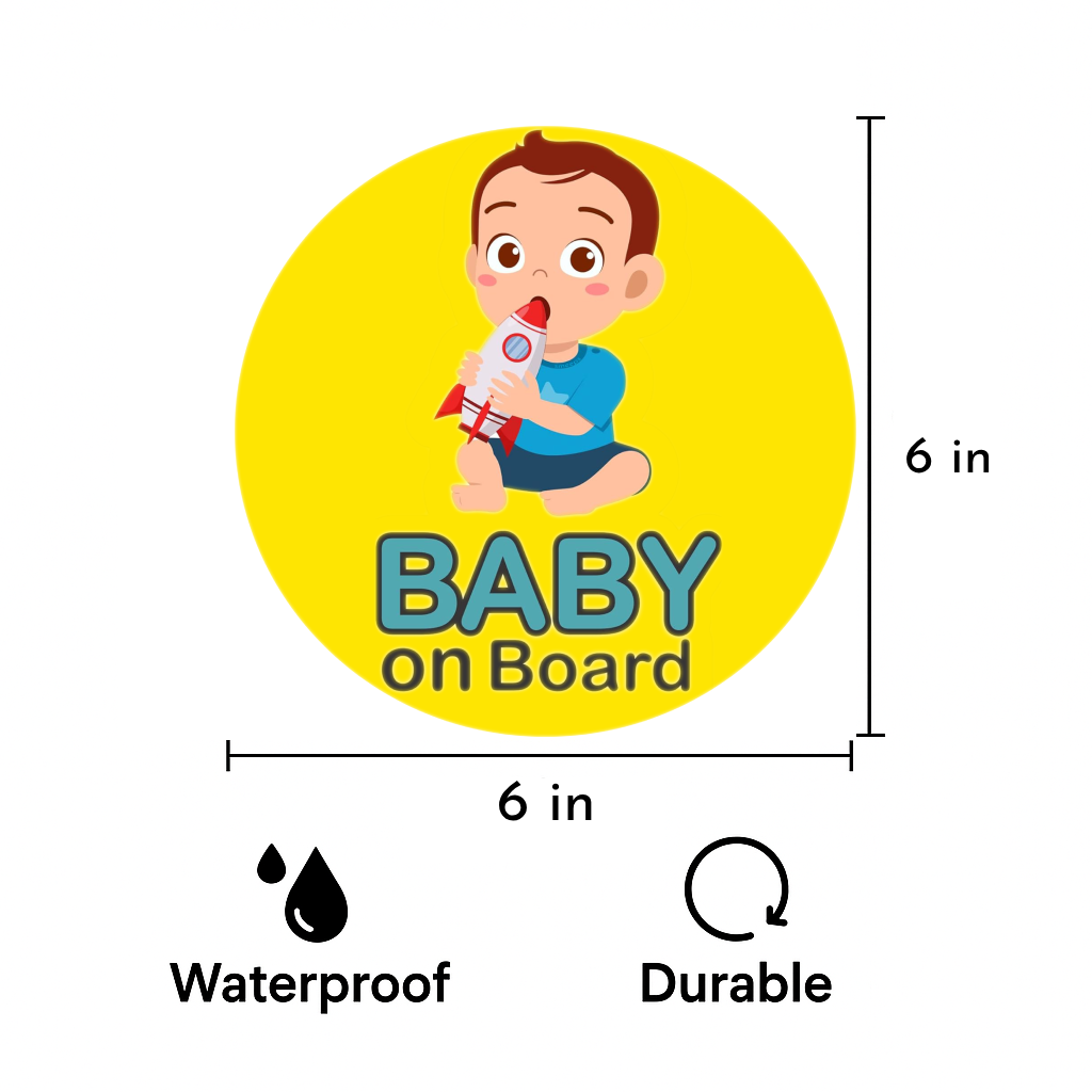 Smeeps Baby on Board Sticker – 15.24 cm Round | Cute Baby with Rocket Toy Design | Waterproof Car Safety Sign
