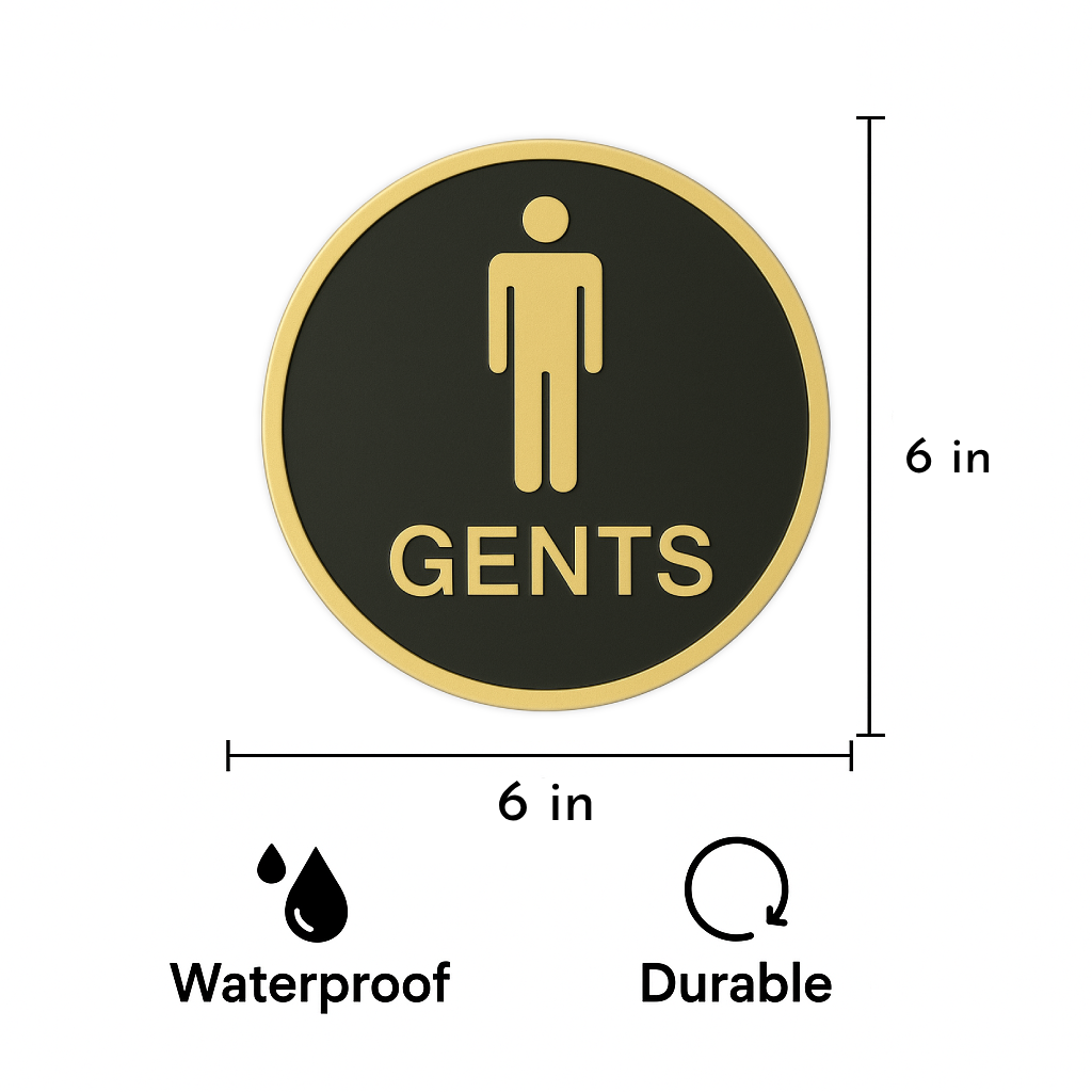 Smeeps “GENTS” Restroom Sign – Round 15.24 cm | Elegant Black & Gold Finish | Self-Adhesive | Waterproof & Durable | Ideal for Offices, Hotels, Cafés, and Commercial Use