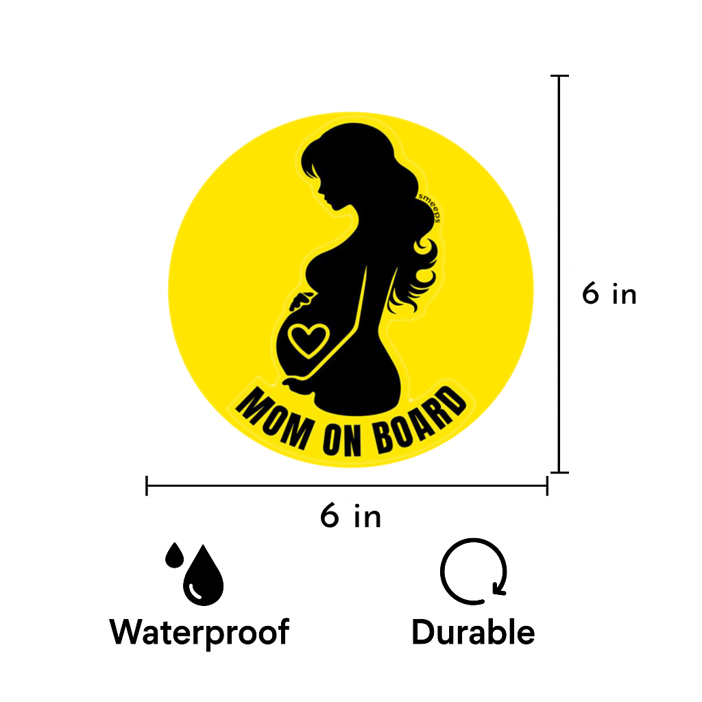 Smeeps Mom on Board Sticker – 15.24 cm Round | Bold Silhouette Design with Heart | Yellow & Black Waterproof Car Safety Sign