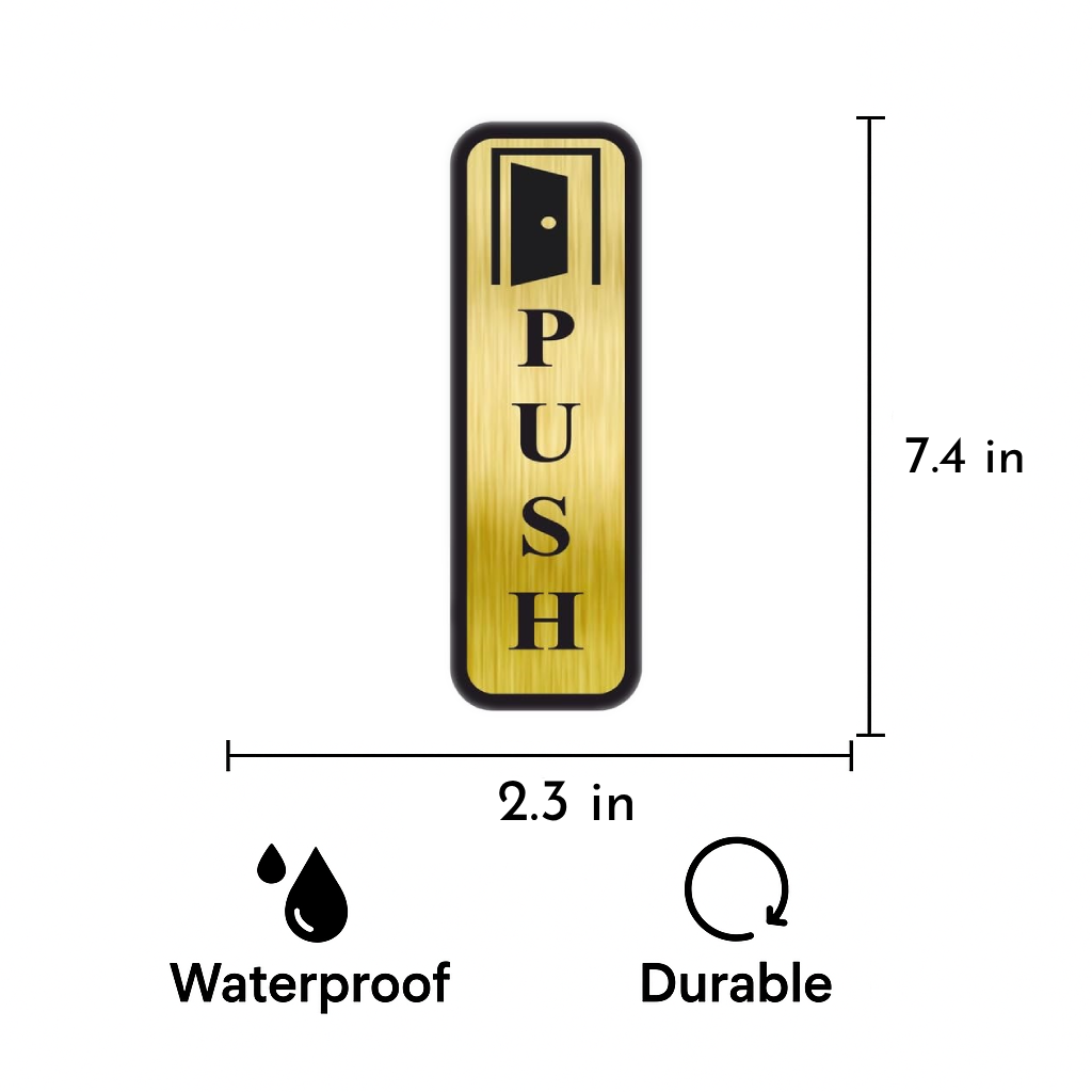 Smeeps Vertical “PUSH” Door Sign – 19 x 6 cm | Gold Brushed Finish with Black Border | Adhesive Back | Stylish & Durable Metal-Look Plate for Offices, Shops, and Hotels