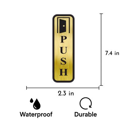 Smeeps Vertical “PUSH” Door Sign – 19 x 6 cm | Gold Brushed Finish with Black Border | Adhesive Back | Stylish & Durable Metal-Look Plate for Offices, Shops, and Hotels