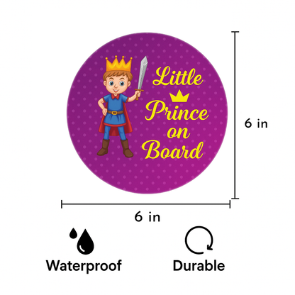Smeeps Little Prince On Board Sticker – 15.24 cm Round | Cute Cartoon Prince with Sword & Crown | Purple Polka Dot Safety Sign for Cars