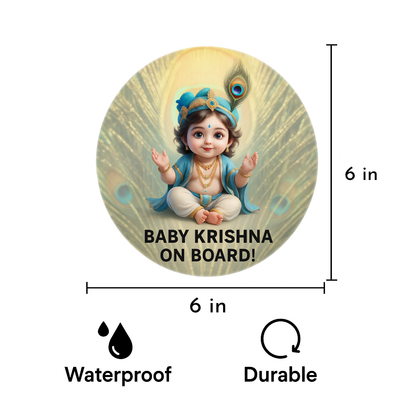 Smeeps Baby Krishna On Board Sticker – 15.24 cm Round | Devotional Car Safety Sign with Cute Krishna Design | Waterproof & UV-Resistant