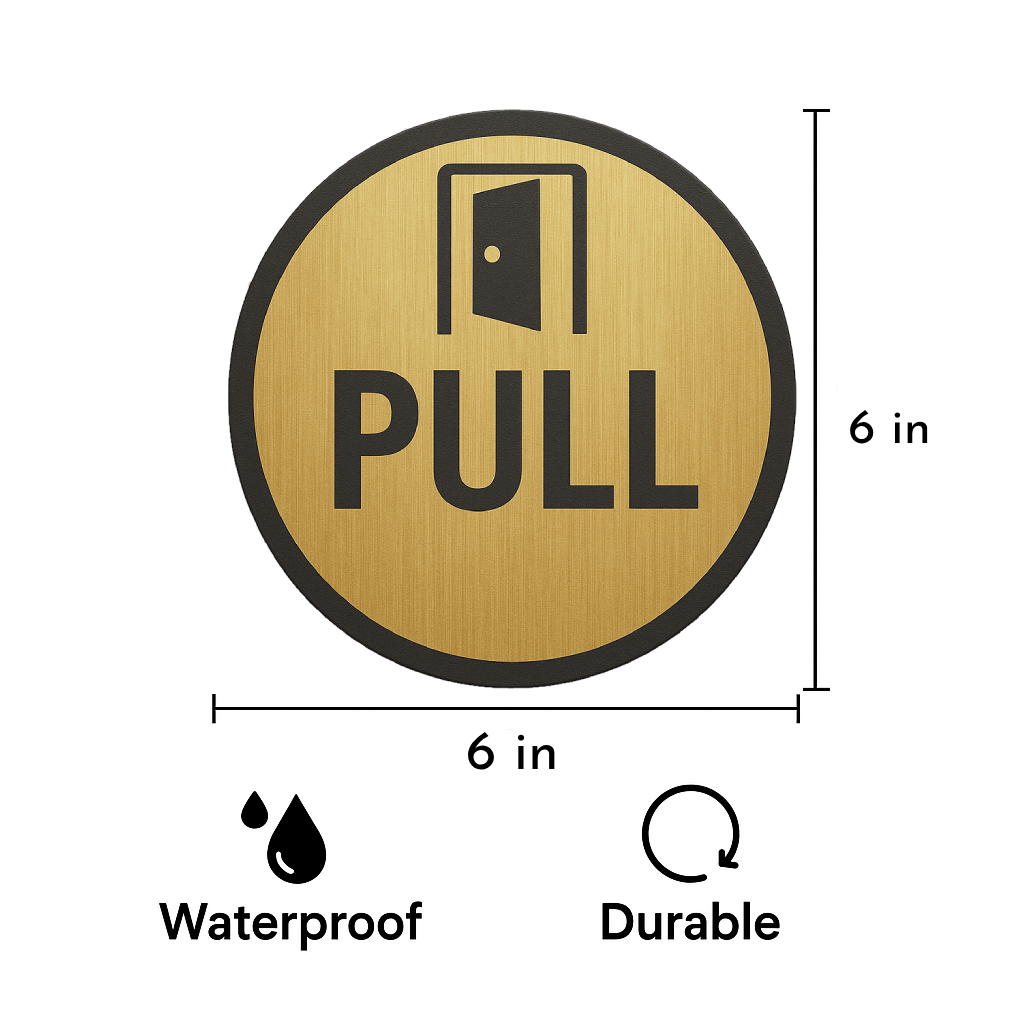 Smeeps Round “PULL” Door Sticker – 15.24 cm | Brushed Gold with Bold Black Text & Door Icon | Self-Adhesive Sign for Offices, Shops & Public Spaces