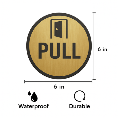 Smeeps Round “PULL” Door Sticker – 15.24 cm | Brushed Gold with Bold Black Text & Door Icon | Self-Adhesive Sign for Offices, Shops & Public Spaces