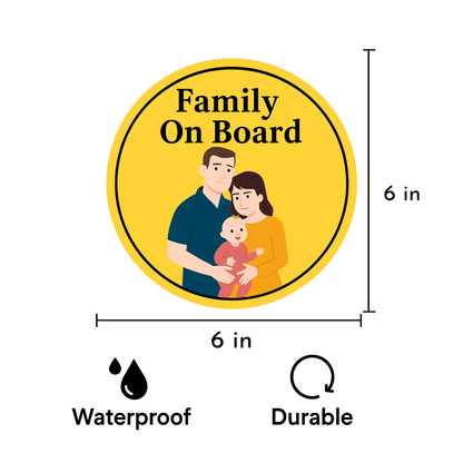 Smeeps Family On Board Sticker – 15.24 cm Round | Heartwarming Family Illustration | Yellow Car Safety Sign for Parents