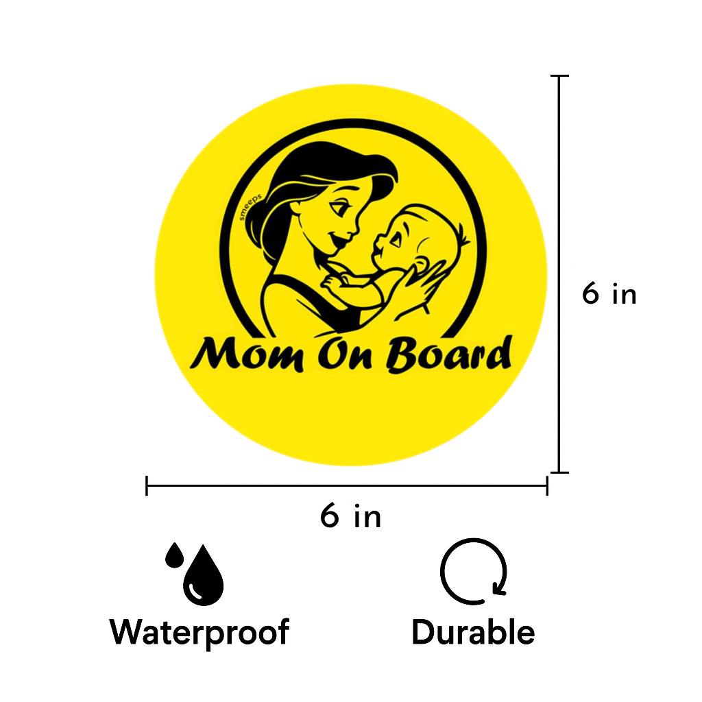Smeeps Mom on Board Sticker – 15.24 cm Round | Loving Mom & Baby Design | Yellow & Black Waterproof Car Safety Sign