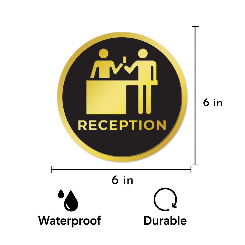 Smeeps Round “RECEPTION” Sticker Sign – 15.24 cm | Premium Gold & Black Design with Icon | Self-Adhesive Label for Office Lobbies, Hotels, and Clinics